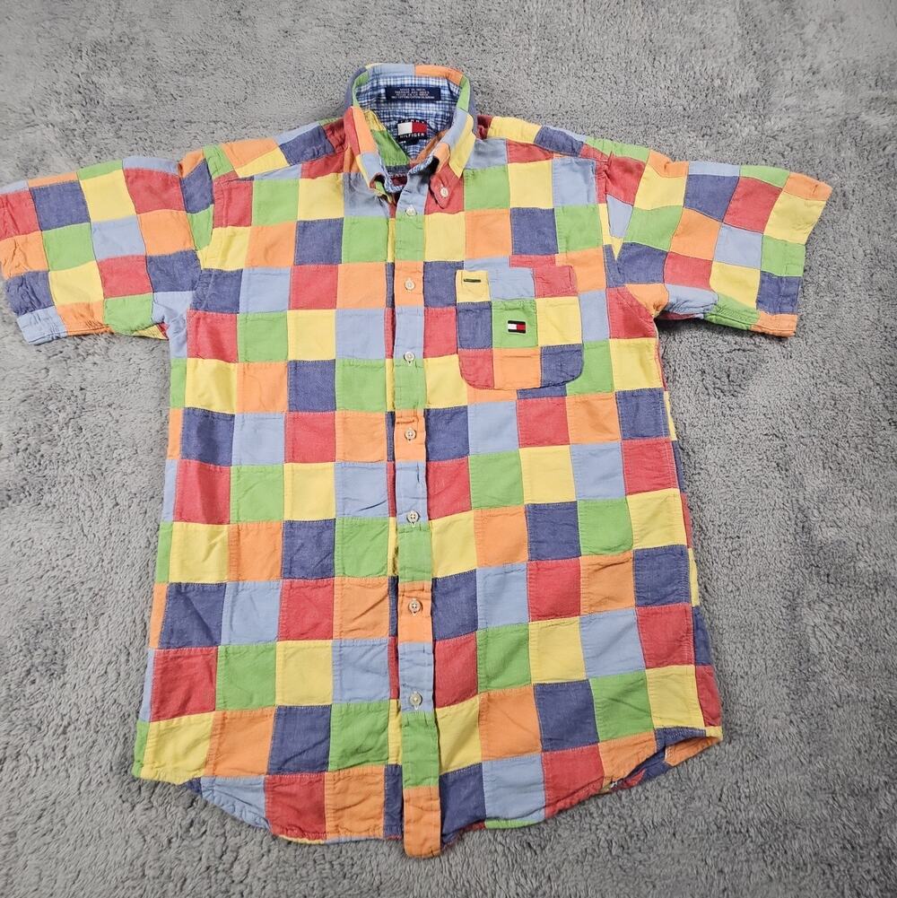 Retro Mens Large Patchwork Colorblock Short Sleeve Button Down by Tommy Hilfiger